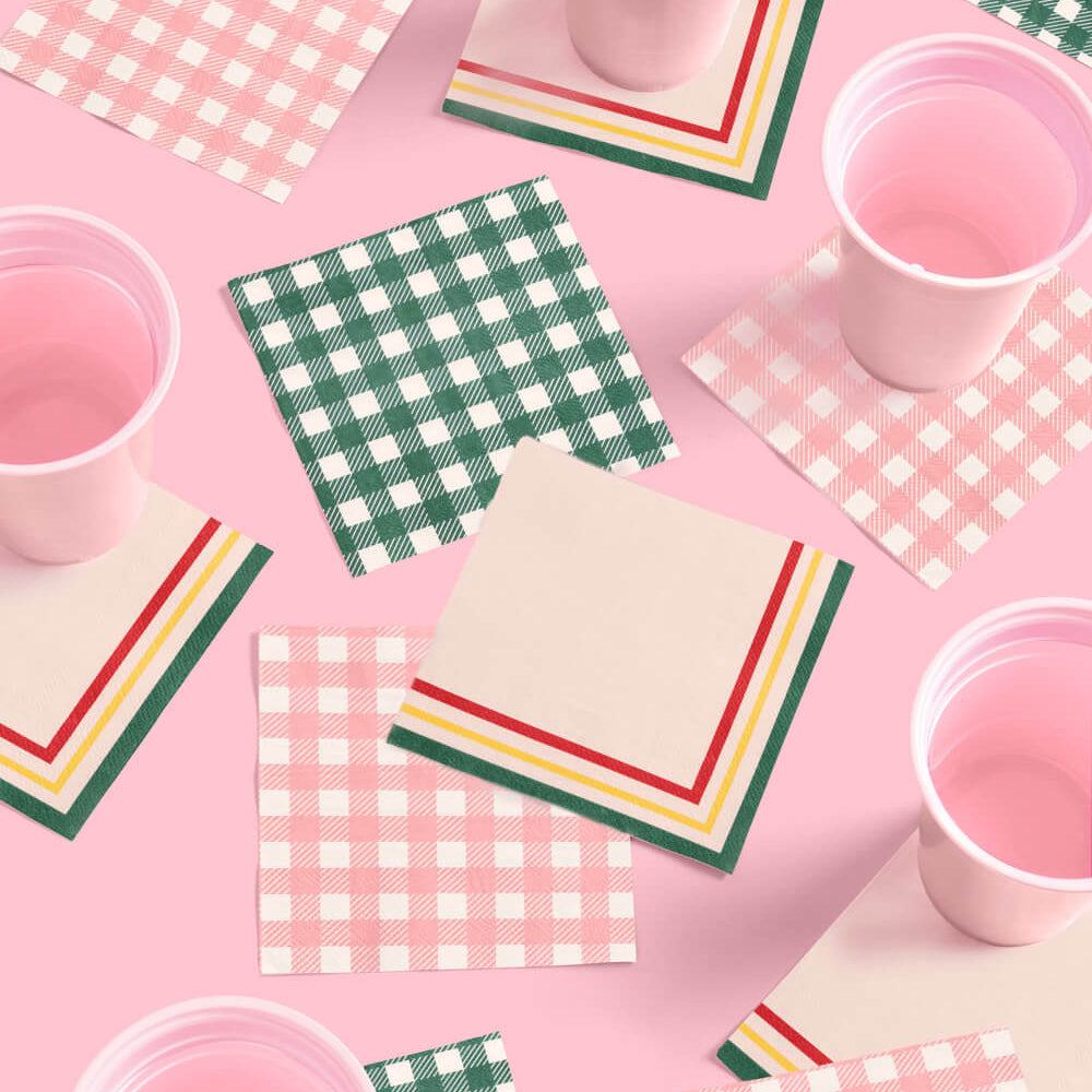 Camp Bride gingham and retro stripe cocktail napkins in pink and green