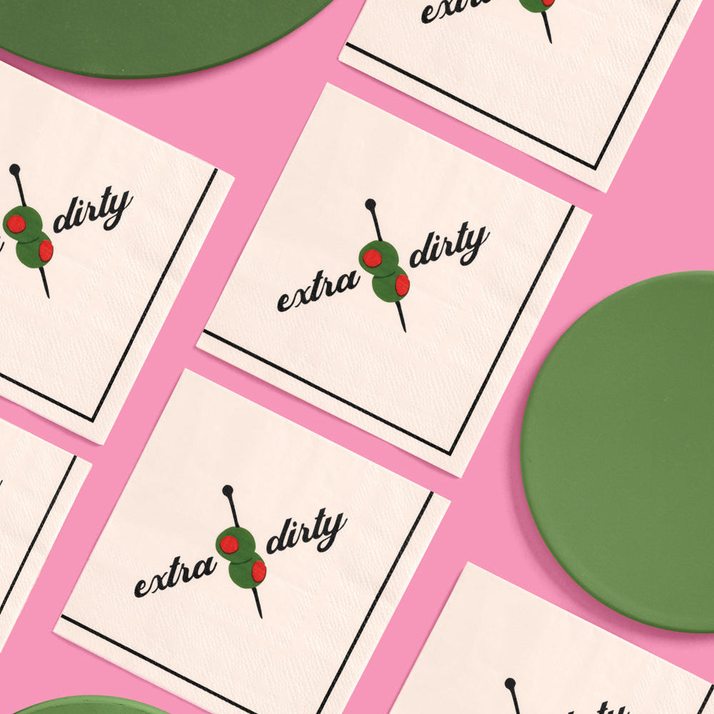 napkins with 'dirty' and 'extra dirty' text on a pink background