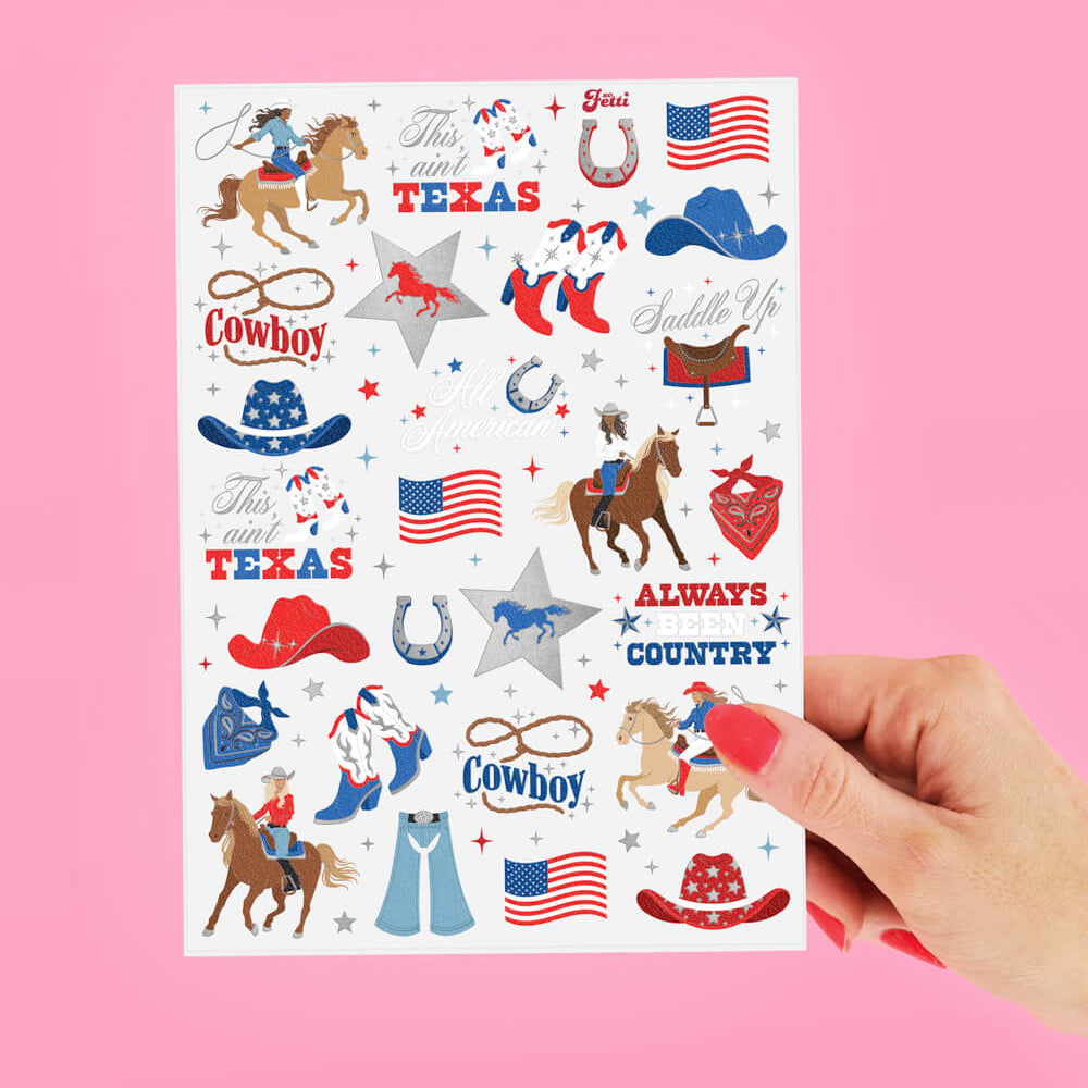 Sheet of cowboy-themed stickers held against a pink background
