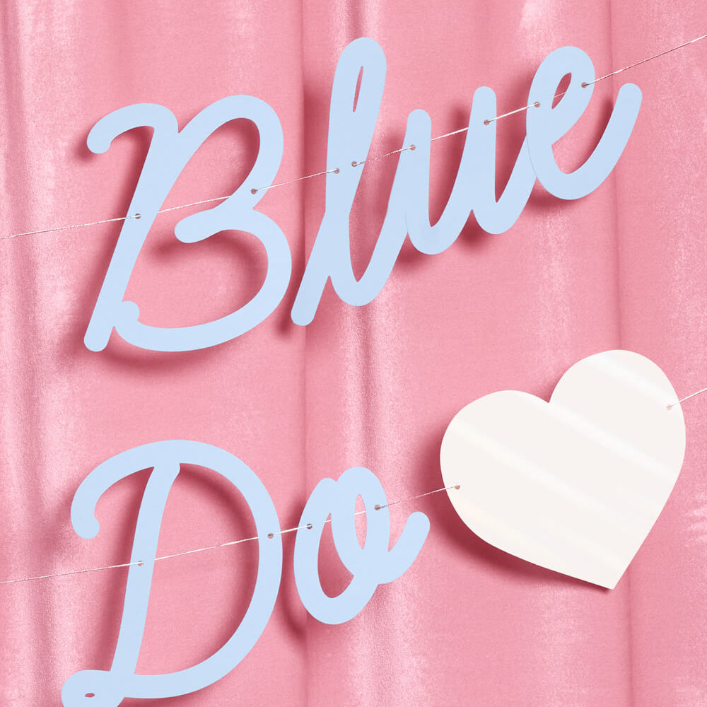 Decorative banner with 'Blue Do' text and a heart on a pink background