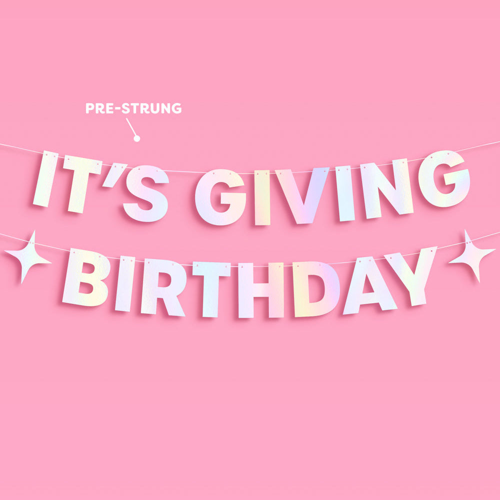 Birthday banner with 'It's Giving Birthday' text on a pink background