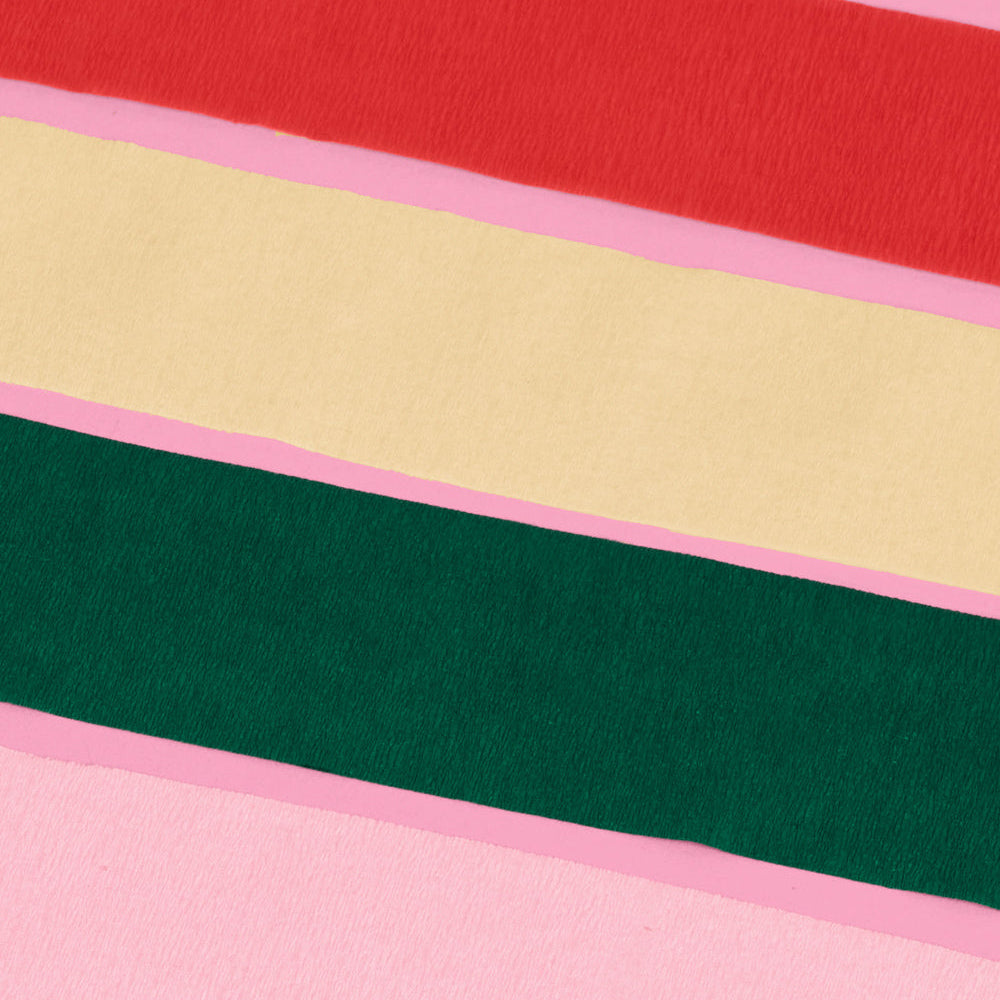 Colorful striped streamers with red, beige, green, and pink horizontal stripes.