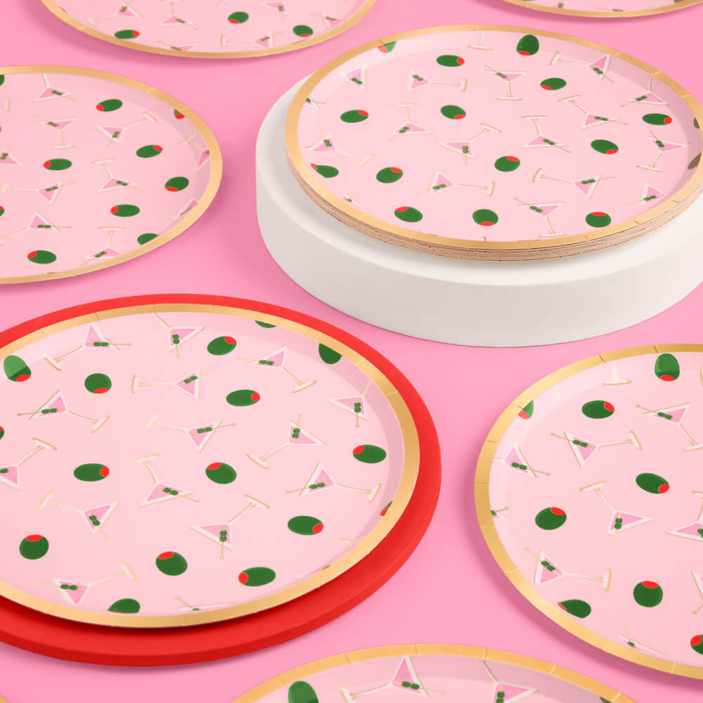 9 inch paper plates with martini glass and olive pattern for birthday party