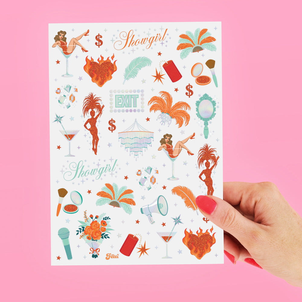 Sheet of vintage-style illustrations held by a hand against a pink background