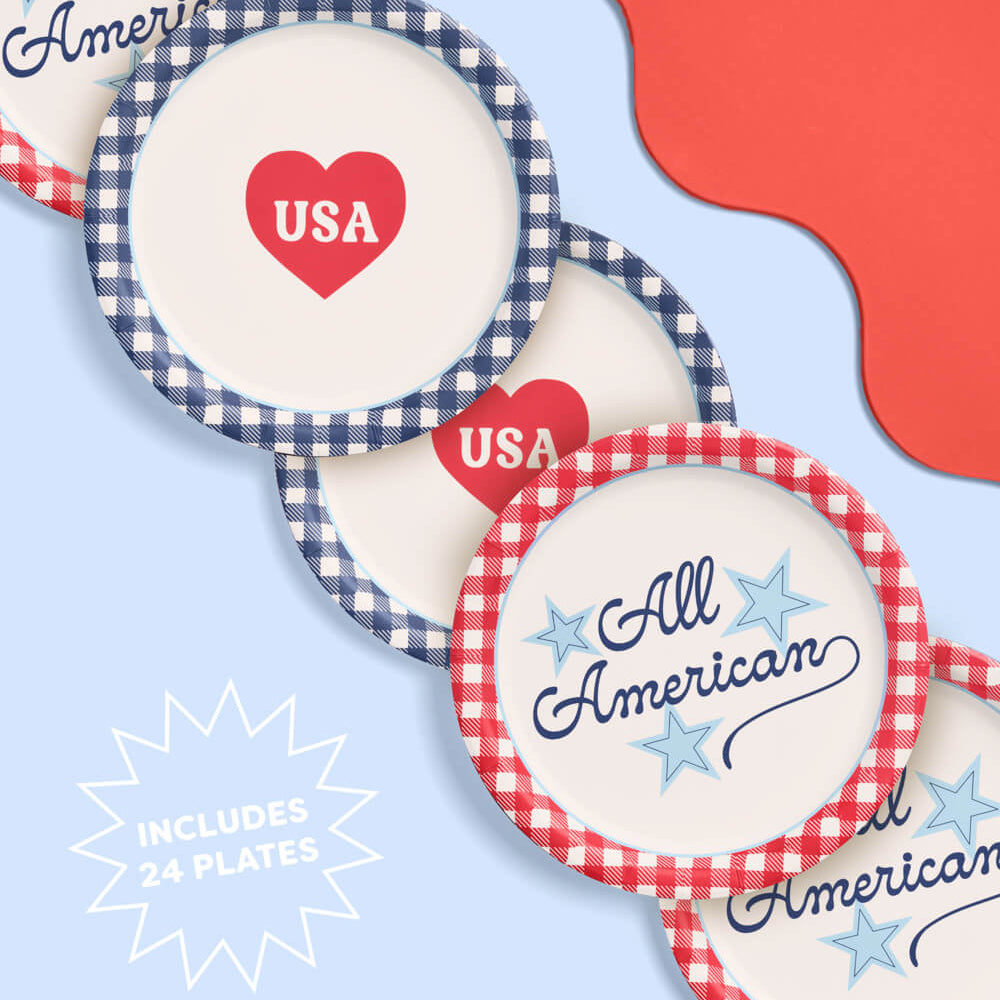 Set of 'All American' plates with red, white, and blue design on a blue and red background.