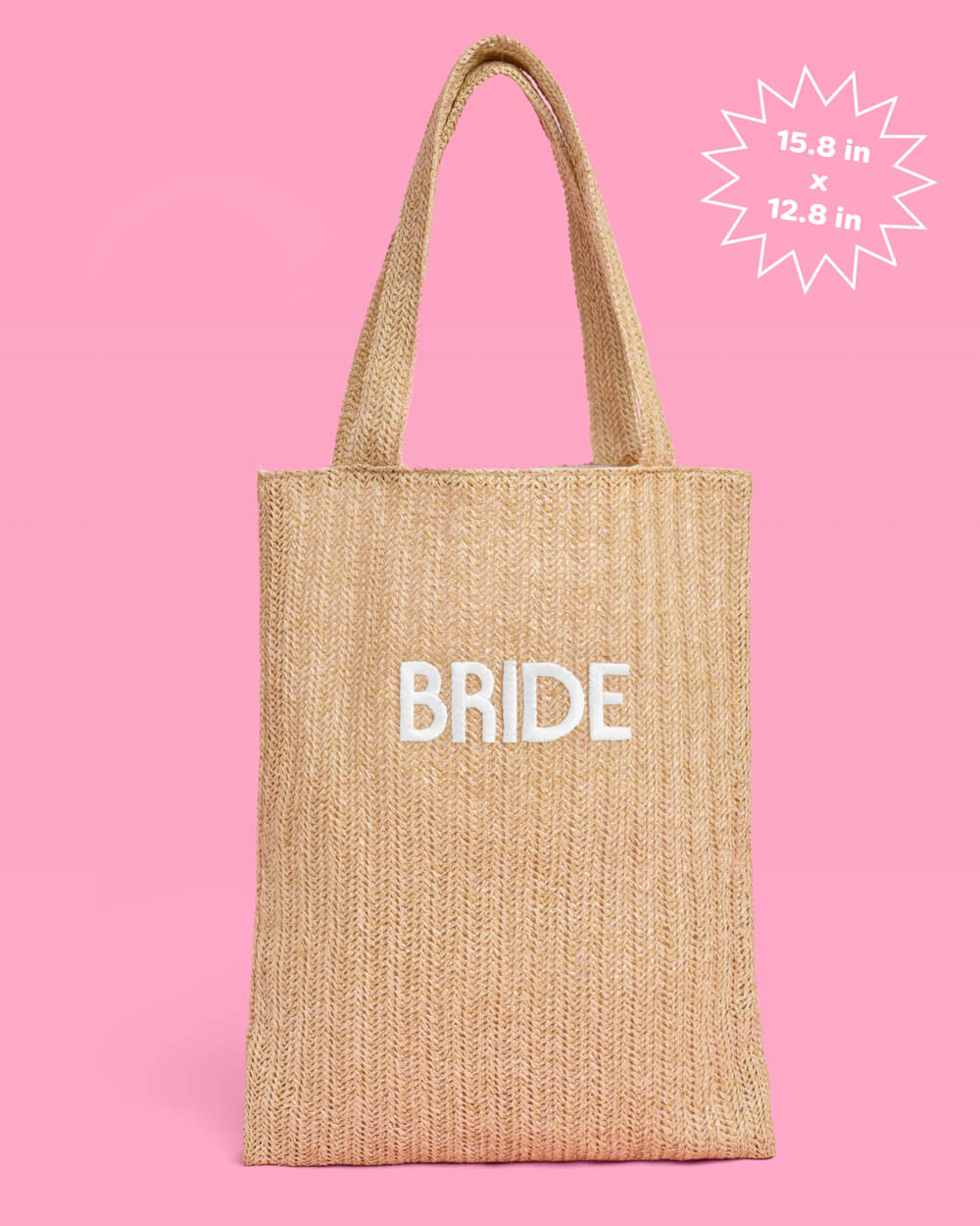Jute tote bag with 'BRIDE' text on a pink background