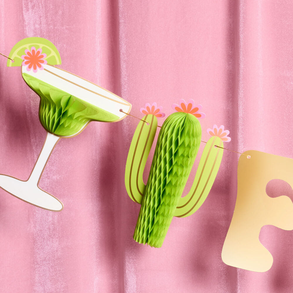 Decorative items including a cactus, margarita glass, and letter 'E' on a pink background