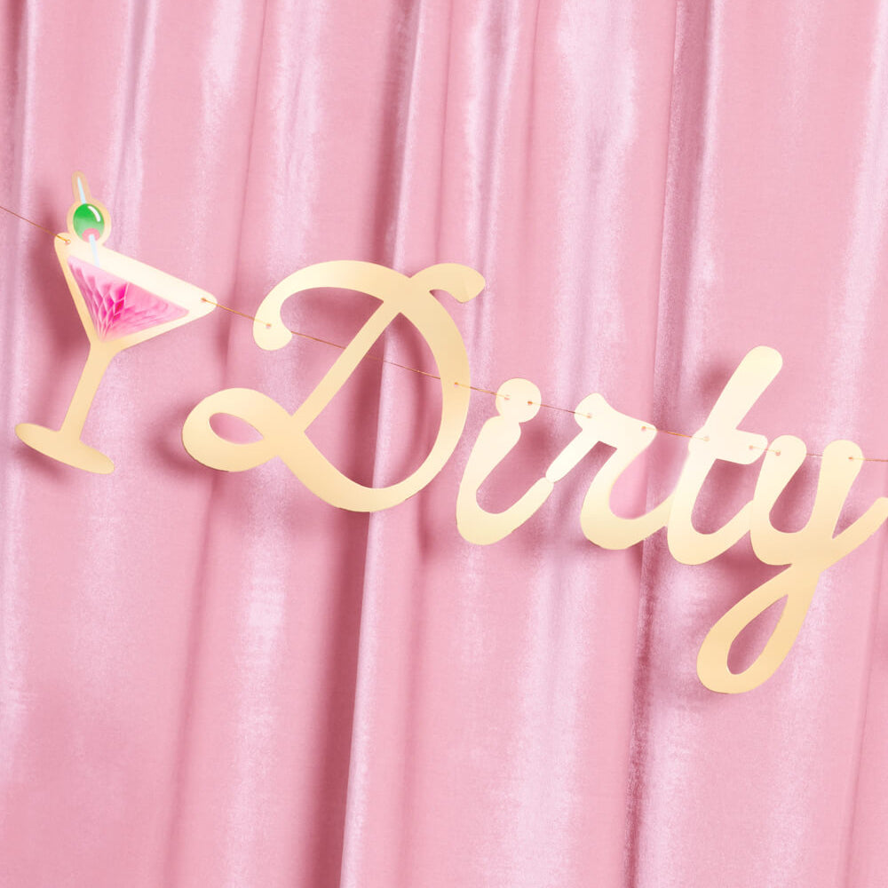 Decorative banner with 'Dirty' and a cocktail graphic on a pink background