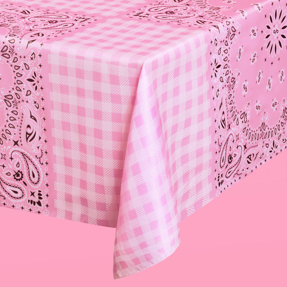 Pink checkered tablecloth with paisley border on a pink background