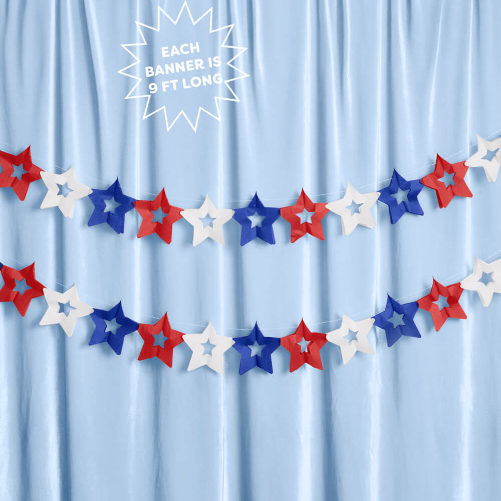 Red, white, and blue star banner against a light blue curtain background