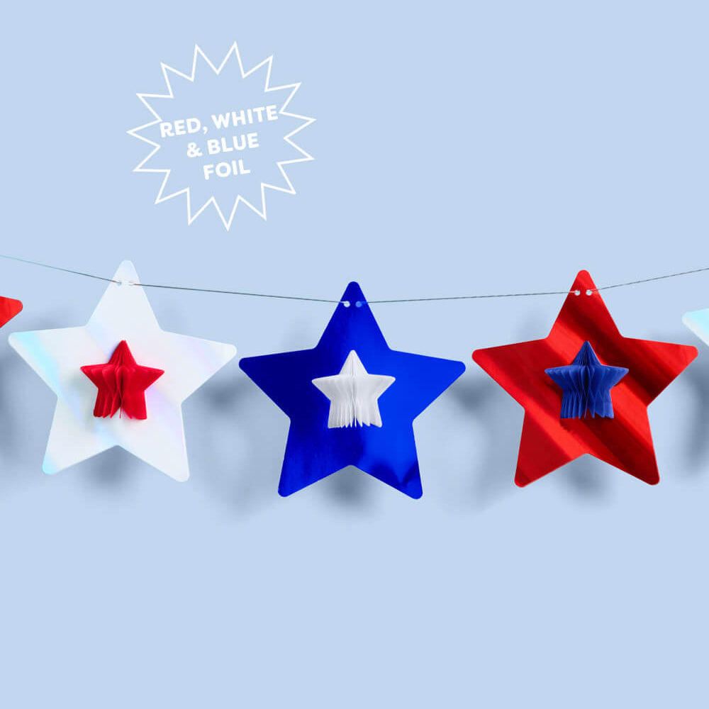 Star-shaped decorations in red, white, and blue on a light blue background with text 'Red, White & Blue Foil'.