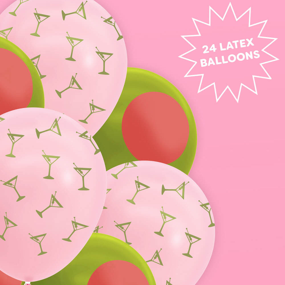 Pink and green balloons with martini glass pattern on a pink background