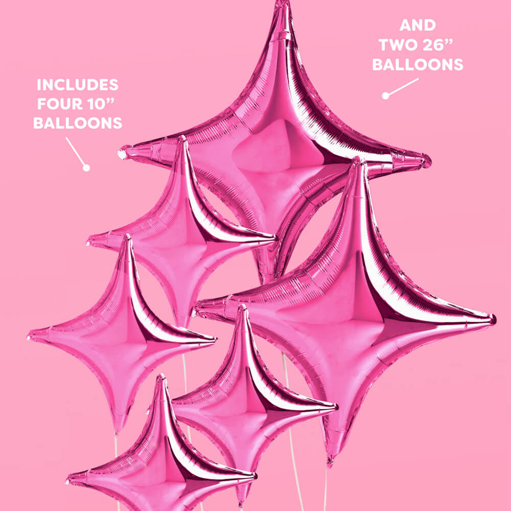 Pink star-shaped balloons on a pink background with text indicating balloon sizes.
