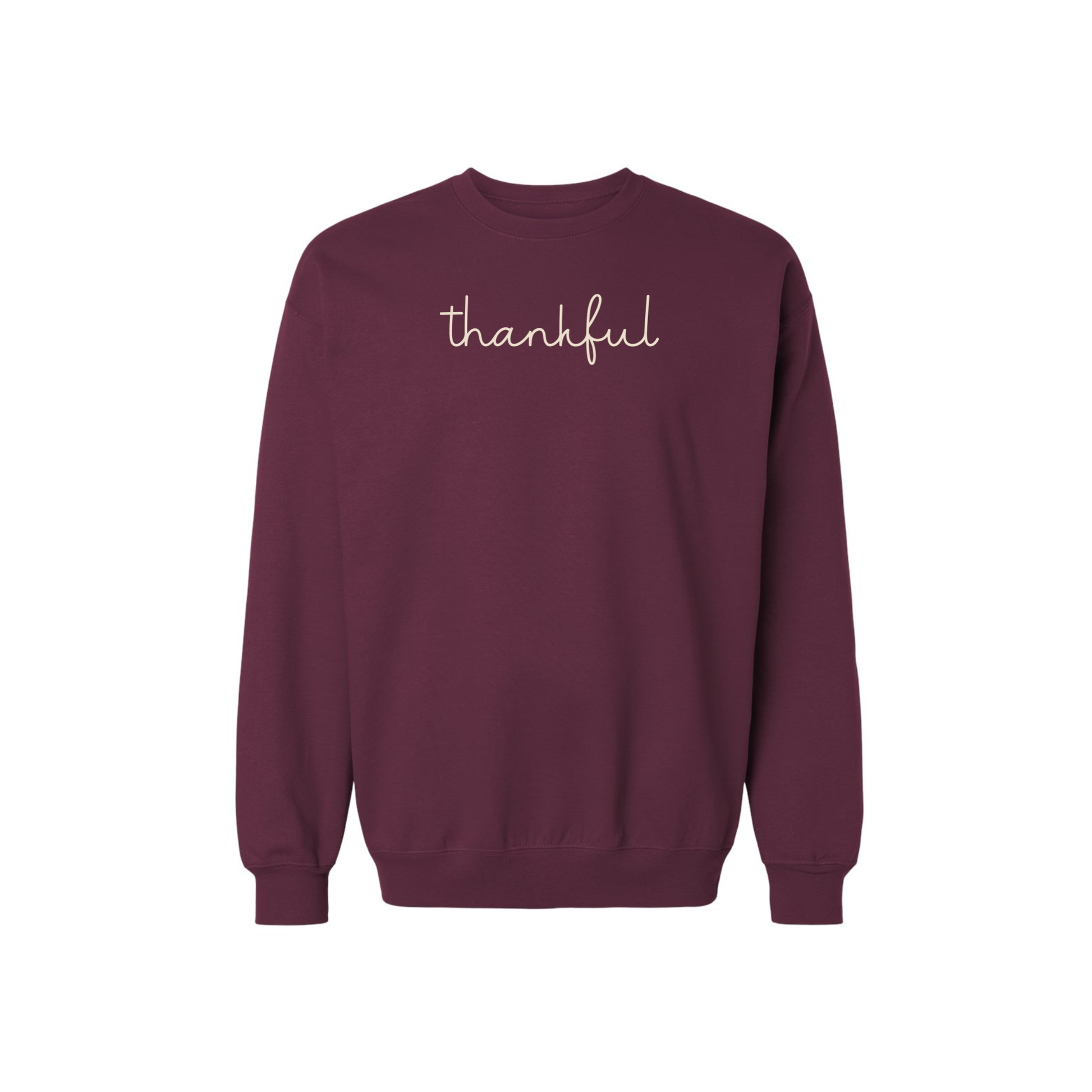 Maroon Thankful script crewneck sweatshirt with cream graphic for Thanksgiving and fall outfits