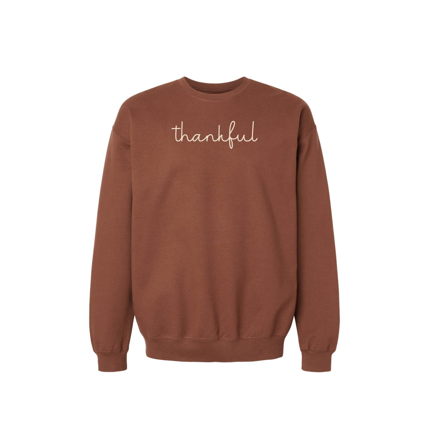 Cocoa brown Thankful script crewneck sweatshirt with minimalist cream handwritten graphic for fall