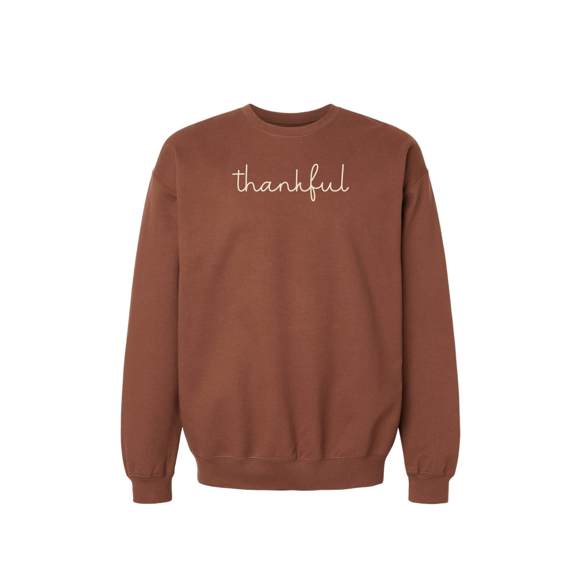 Cocoa brown Thankful script crewneck sweatshirt with minimalist cream handwritten graphic for fall