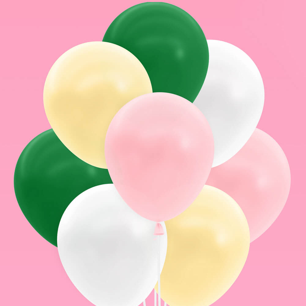 Camp Bride matte latex balloons in pink, green, yellow and white for outdoor bachelorette party