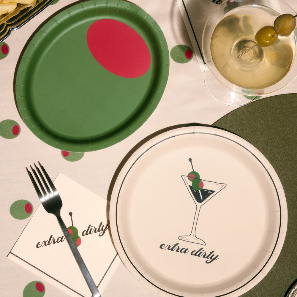 Extra Dirty martini themed paper plate set with 9 inch dinner plates and 7 inch olive accent plates for 30th birthday party