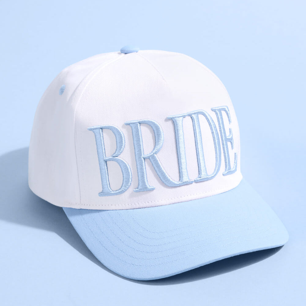 White and light blue cap with 'BRIDE' text on a light blue background