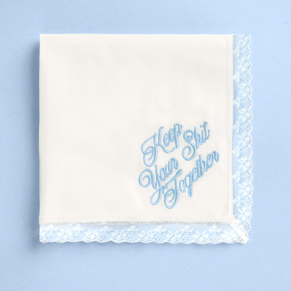 White lace wedding handkerchief with keep your shit together embroidery