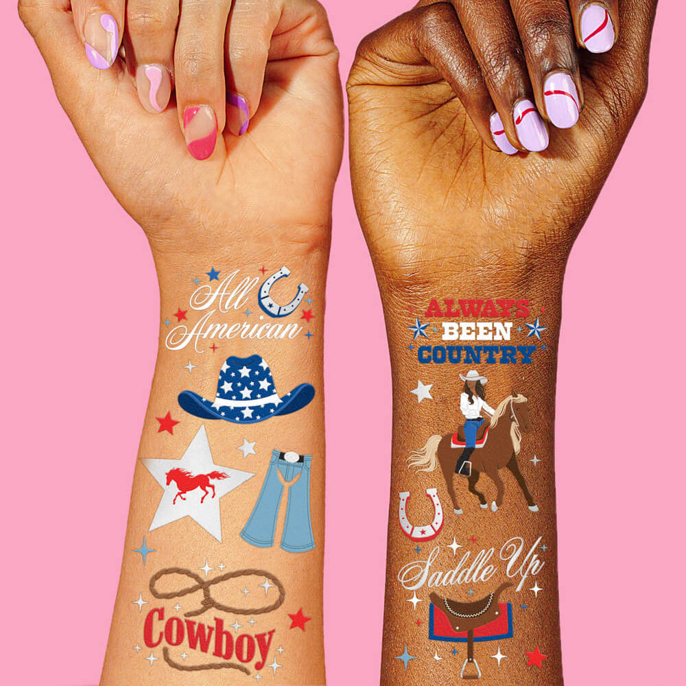 Two hands with temporary tattoos on a pink background