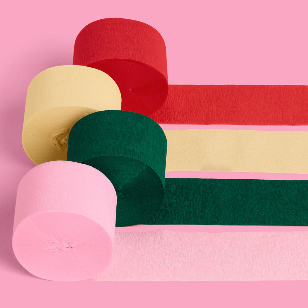 Camp Bride colorful crepe paper streamers in red, yellow, green and pink