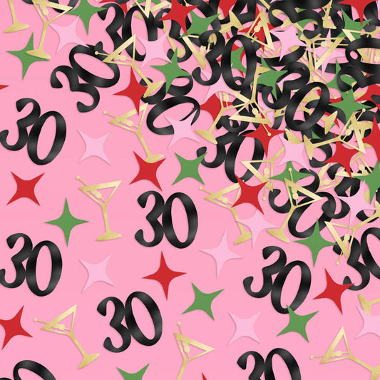 Pink background with black '30' text, red and green stars, and gold shapes.