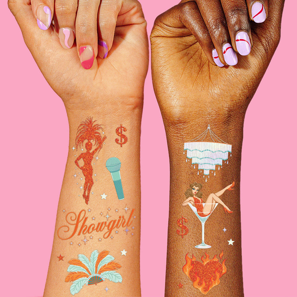 Showgirl temporary tattoos with orange glitter designs for birthday and bachelorette party
