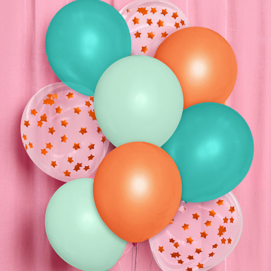 Showgirl balloon pack in teal, orange and star confetti for birthday or bridal party backdrop