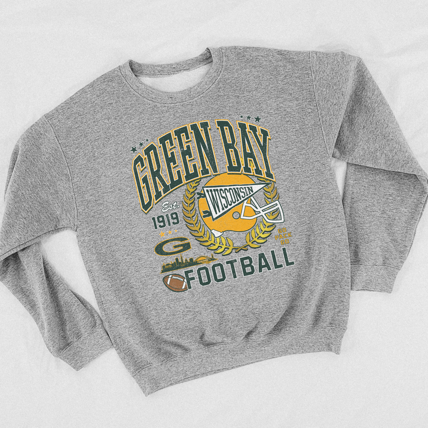 Green Bay Wisconsin football sweatshirt flat lay with classic collegiate graphic