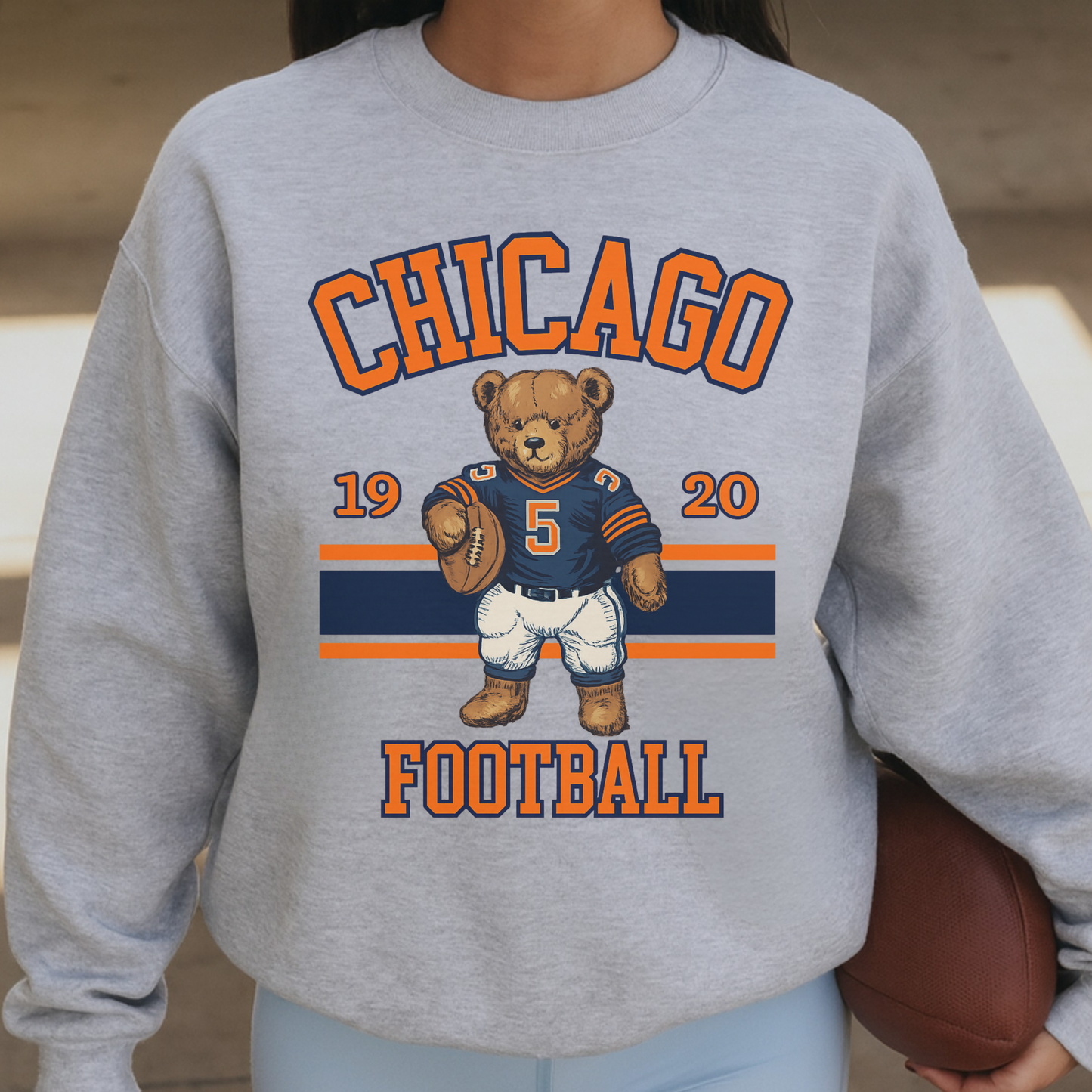 Adult wearing sport grey Chicago football teddy bear crewneck sweatshirt