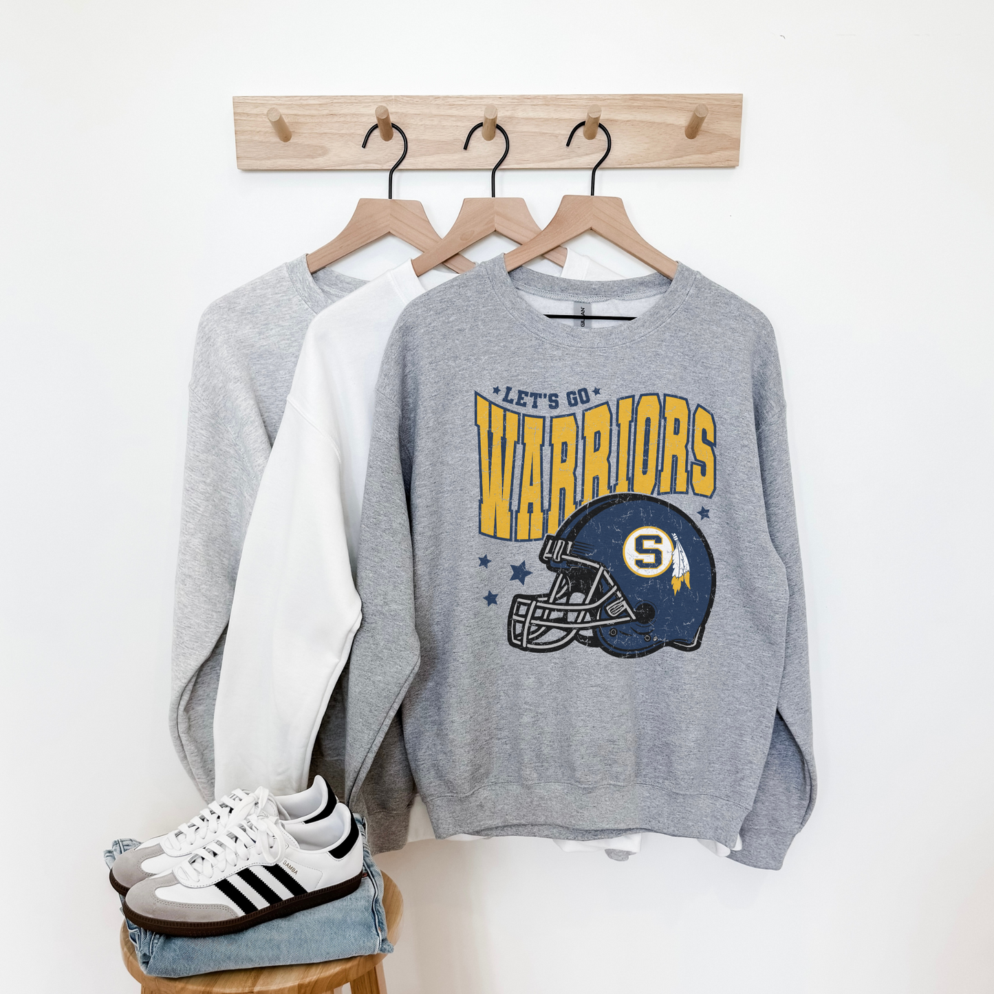 Let’s Go Warriors Football Helmet Sweatshirt | Sterling High School Game Day Crewneck