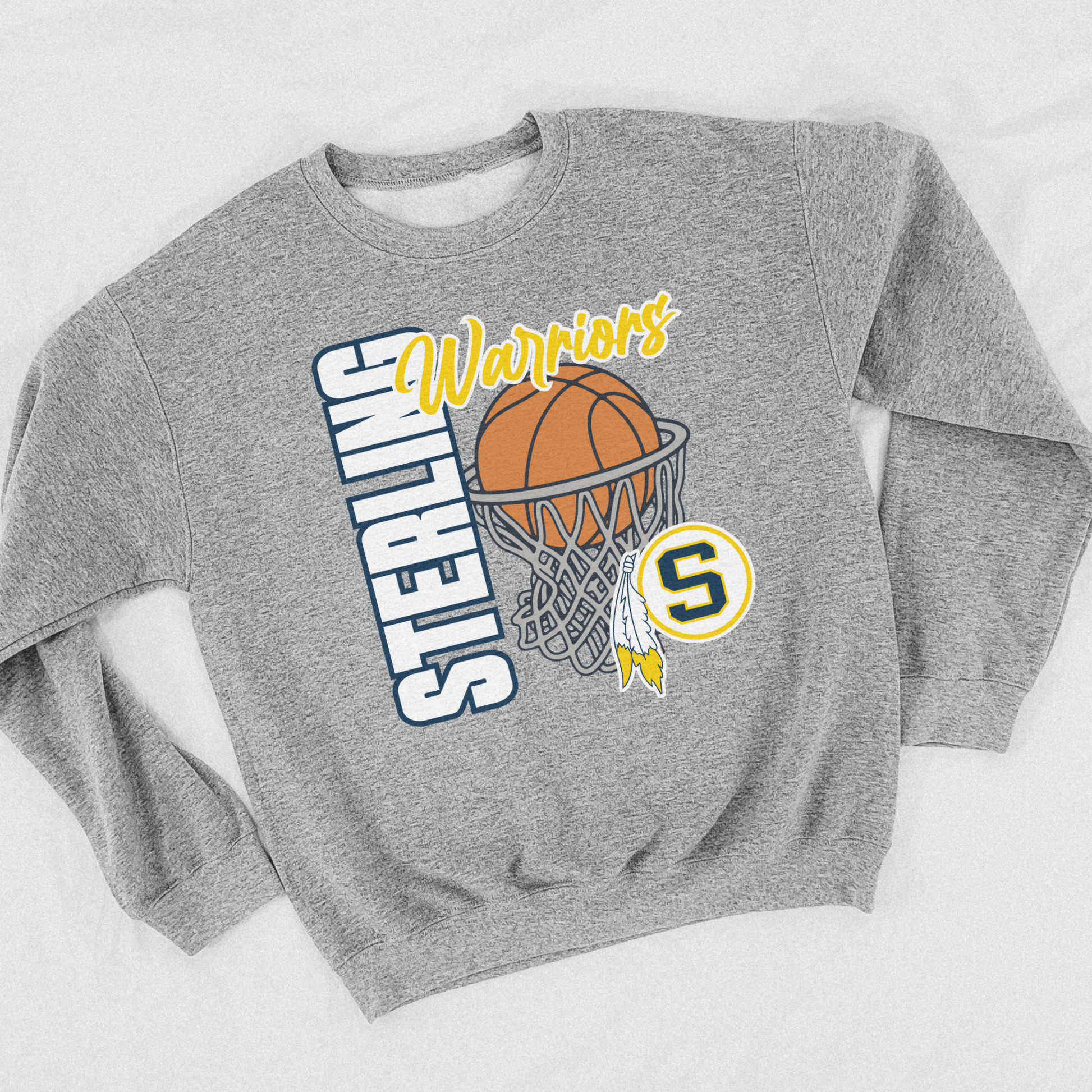 Sport grey Sterling Warriors basketball unisex crewneck sweatshirt with vertical lettering and hoop graphic