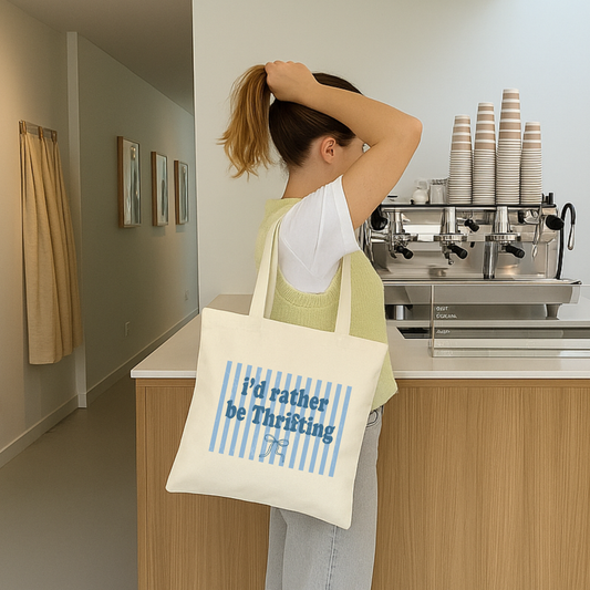 Woman wearing canvas tote bag with “I’d Rather Be Thrifting” graphic inside coffee shop