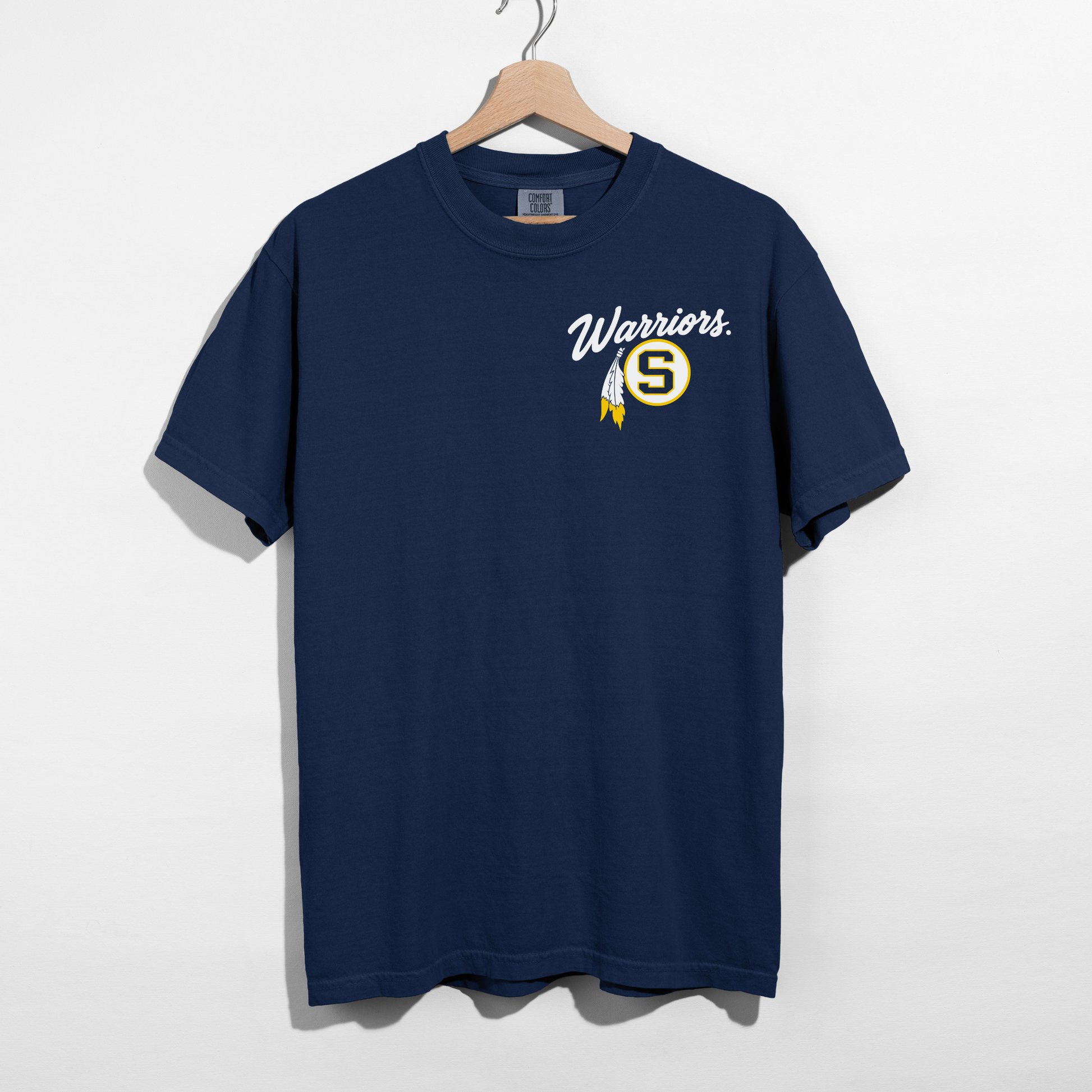 True navy Sterling Warriors game day T-shirt with Warriors script and Sterling S left chest design.