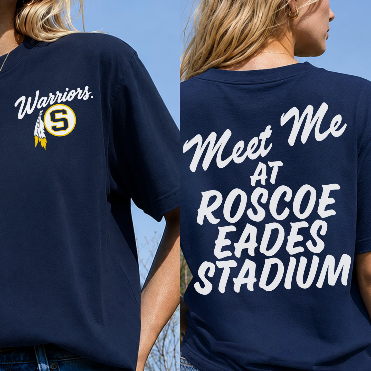 Front and back view of Sterling Warriors game day T-shirt with Warriors chest logo and Meet Me at Roscoe Eades Stadium back print.