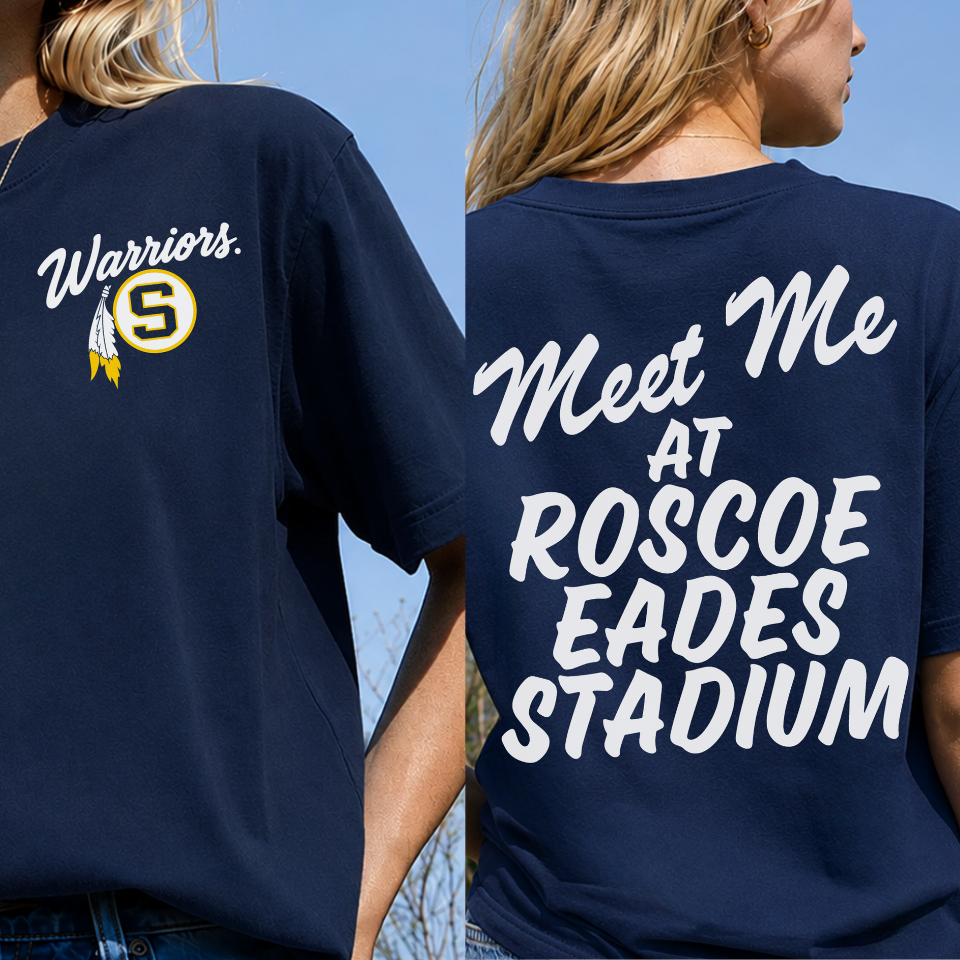 Front and back view of Sterling Warriors game day T-shirt with Warriors chest logo and Meet Me at Roscoe Eades Stadium back print.