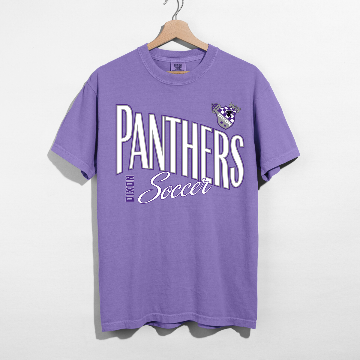 Violet Dixon Panthers Soccer Comfort Colors tee with white and purple retro soccer graphic