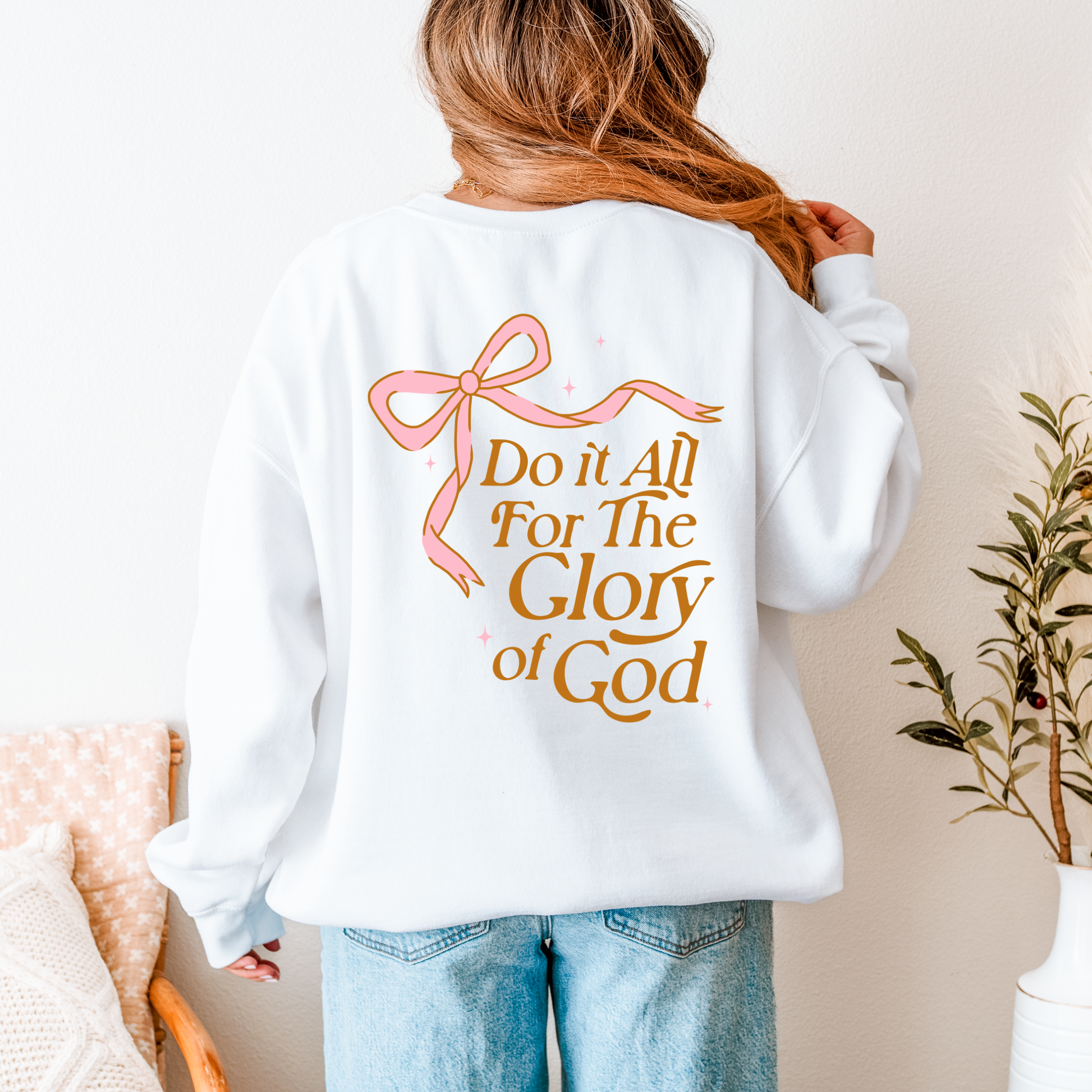 Faith-based crewneck reading “Do It All for the Glory of God” on back — white Christian sweatshirt