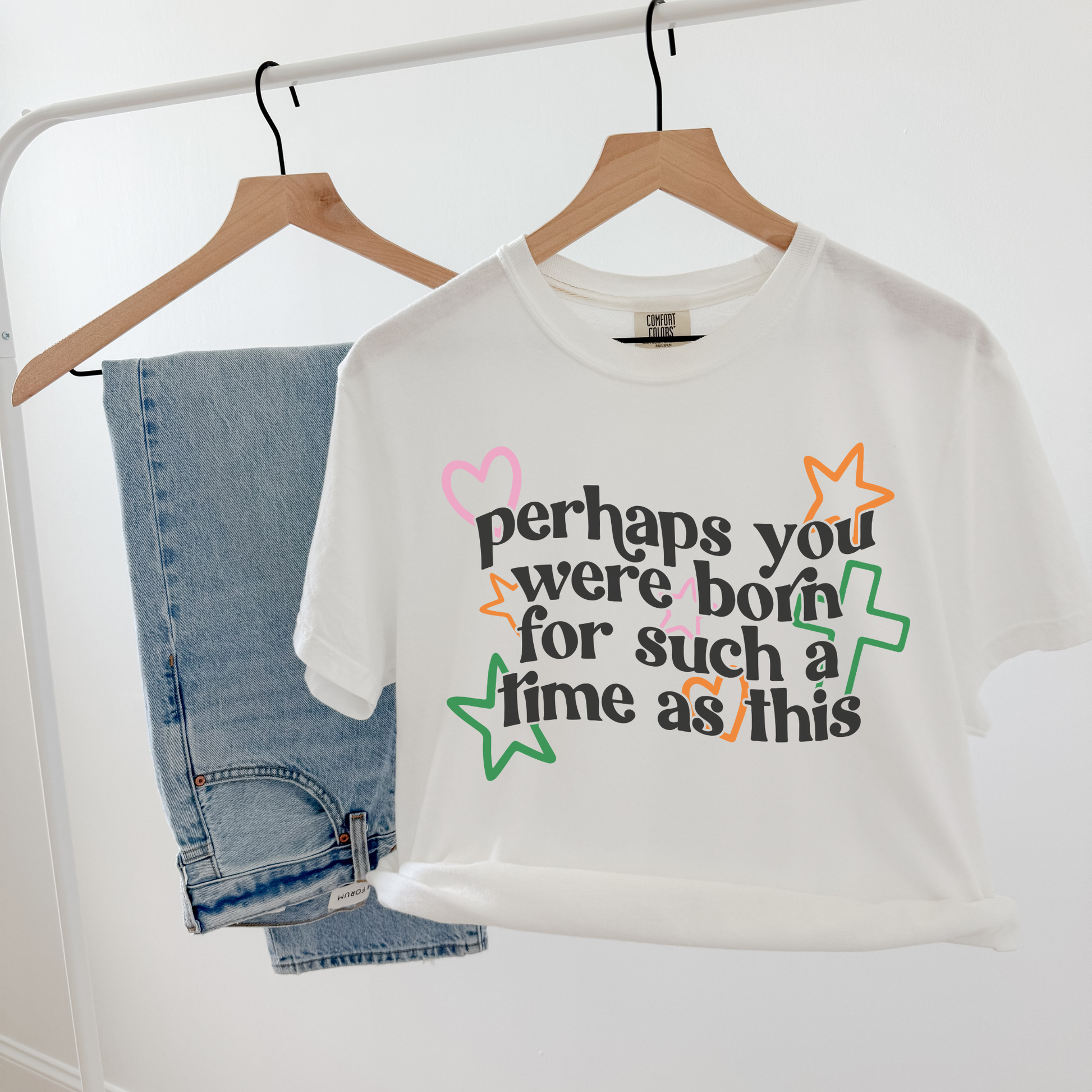 White Christian t-shirt with colorful hearts and stars — “Perhaps You Were Born for Such a Time as This” faith quote tee