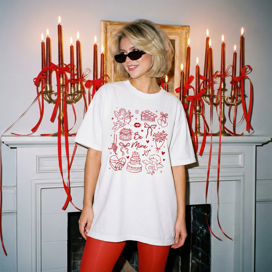 Model in white Comfort Colors tee with red Valentine doodle graphic standing in front of red candles