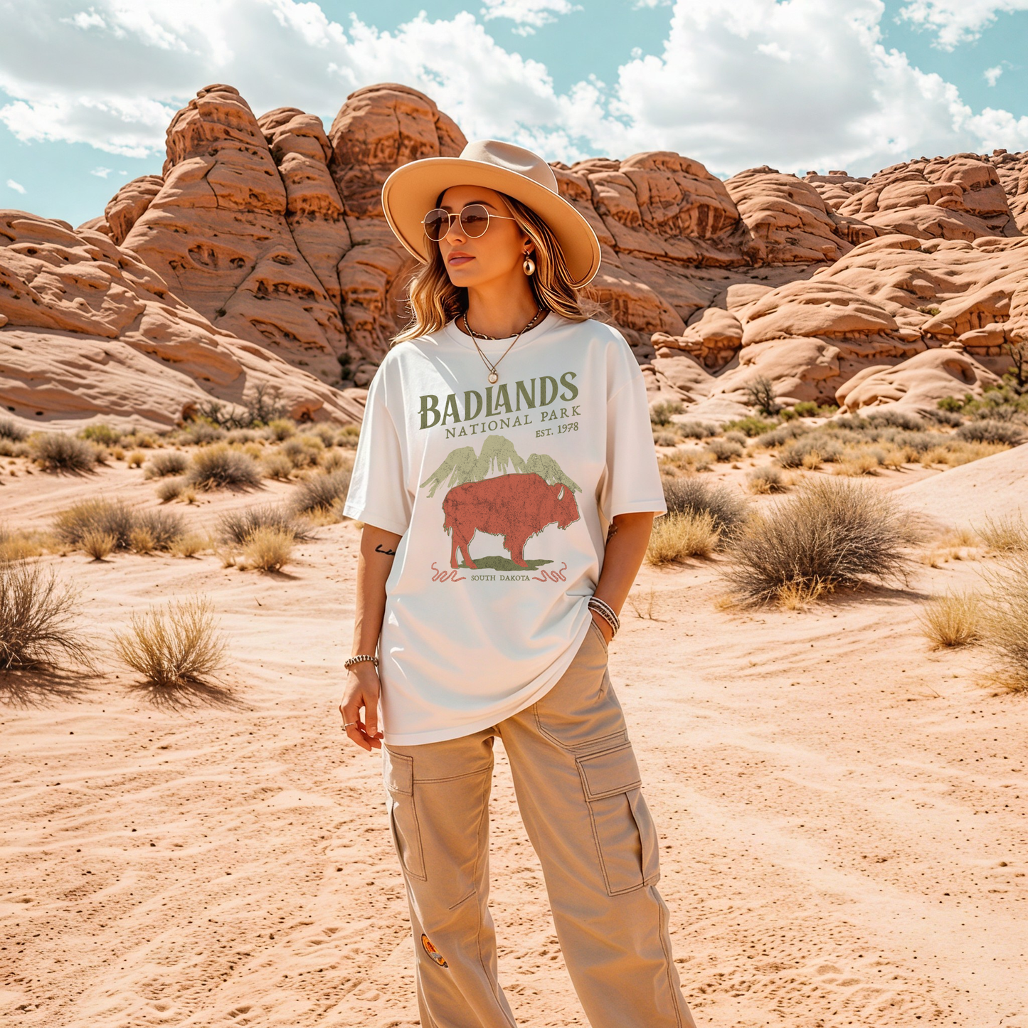 Woman wearing white Badlands National Park tee in size medium