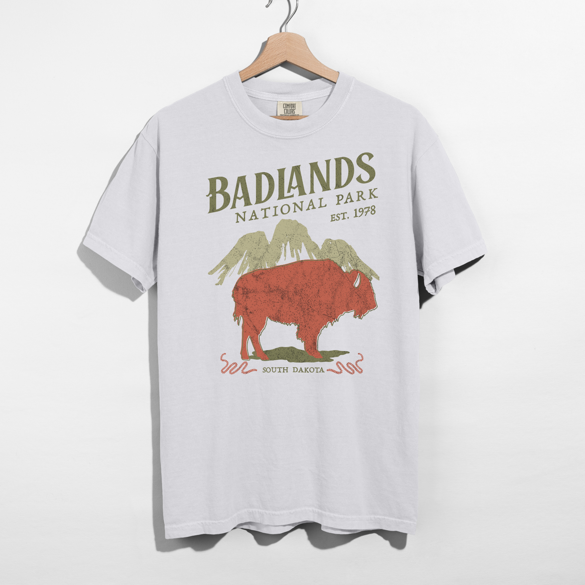 White Badlands National Park graphic tee featuring South Dakota bison illustration