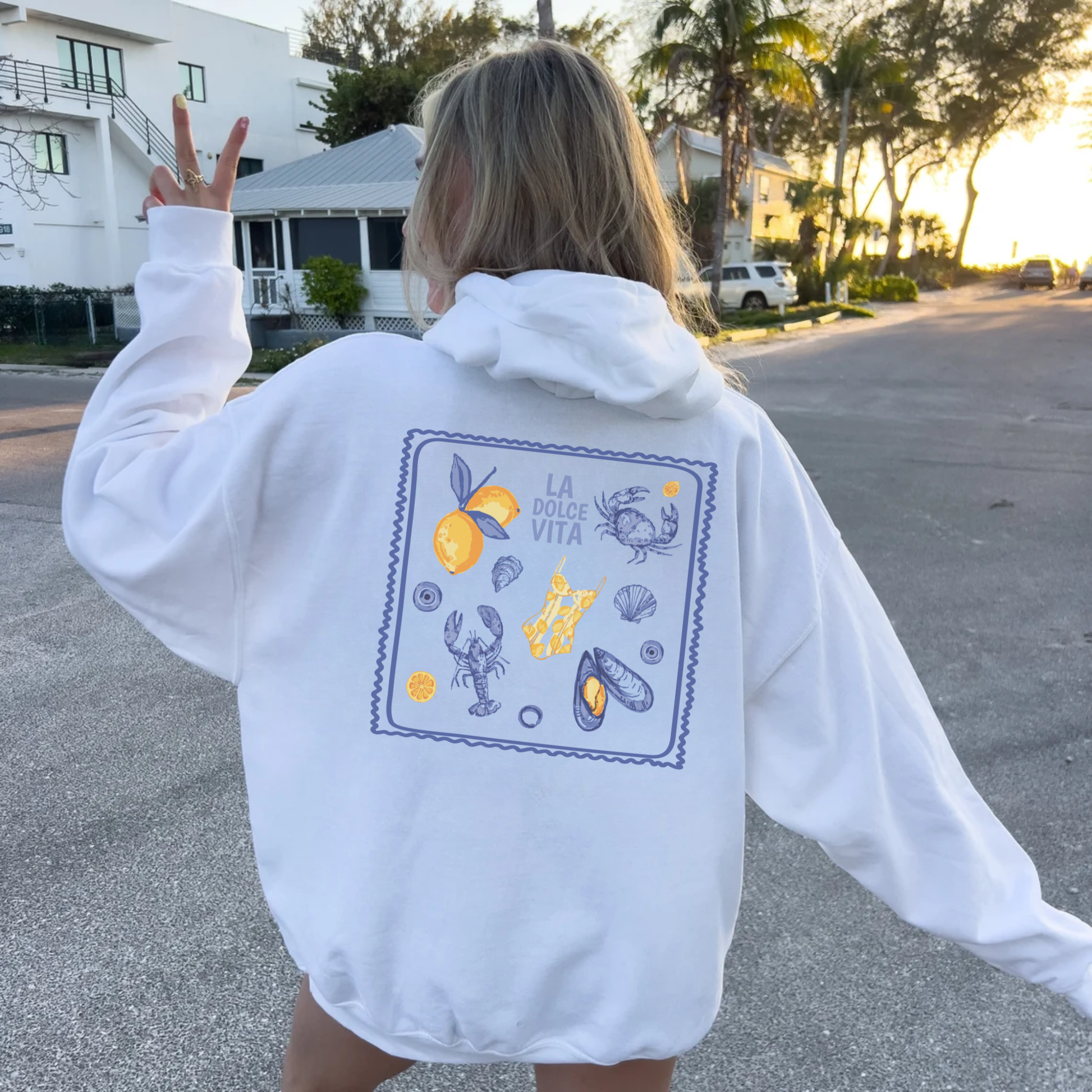 Back view of La Dolce Vita hoodie with Italian summer illustrated graphic