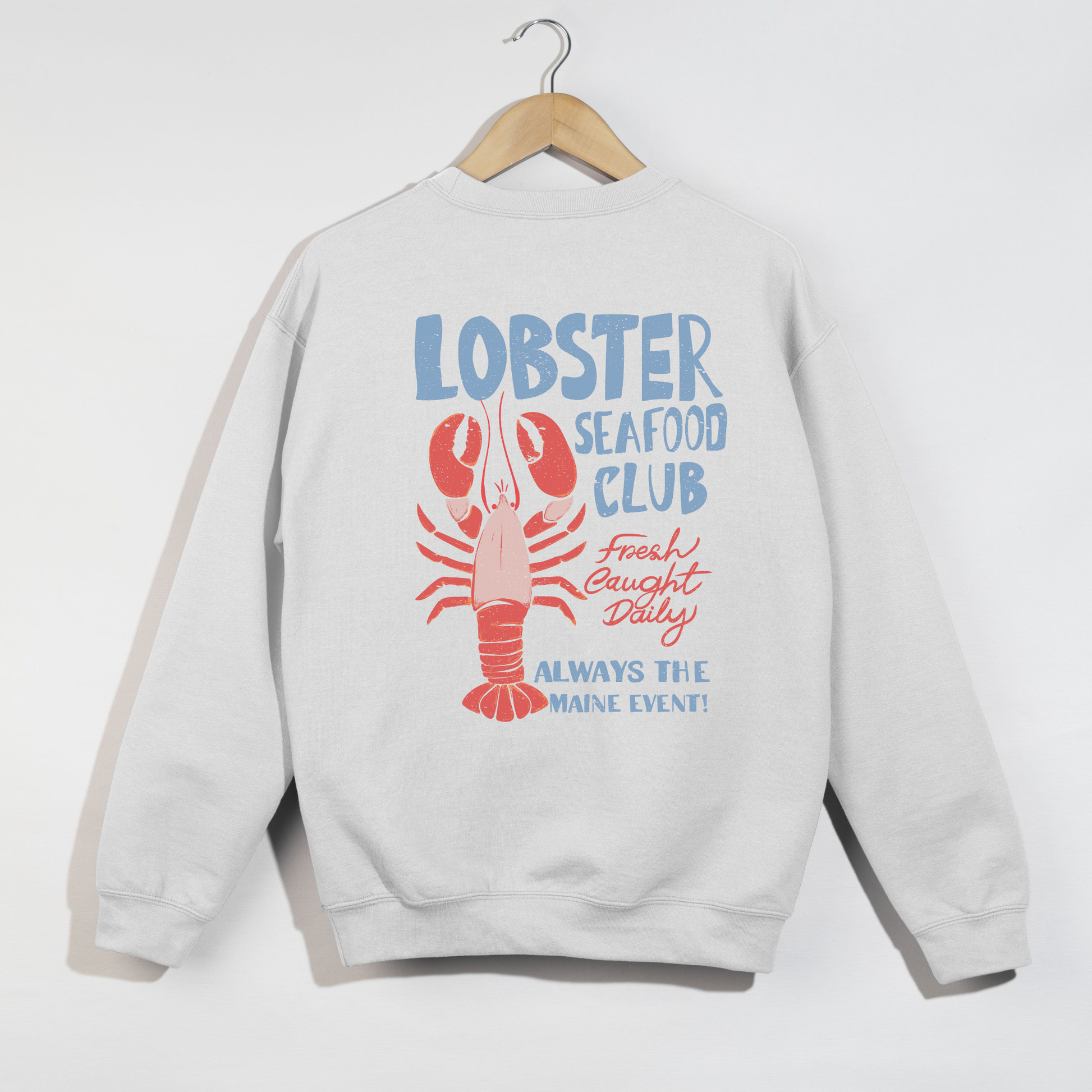 Gray sweatshirt with lobster graphic and text on a white background