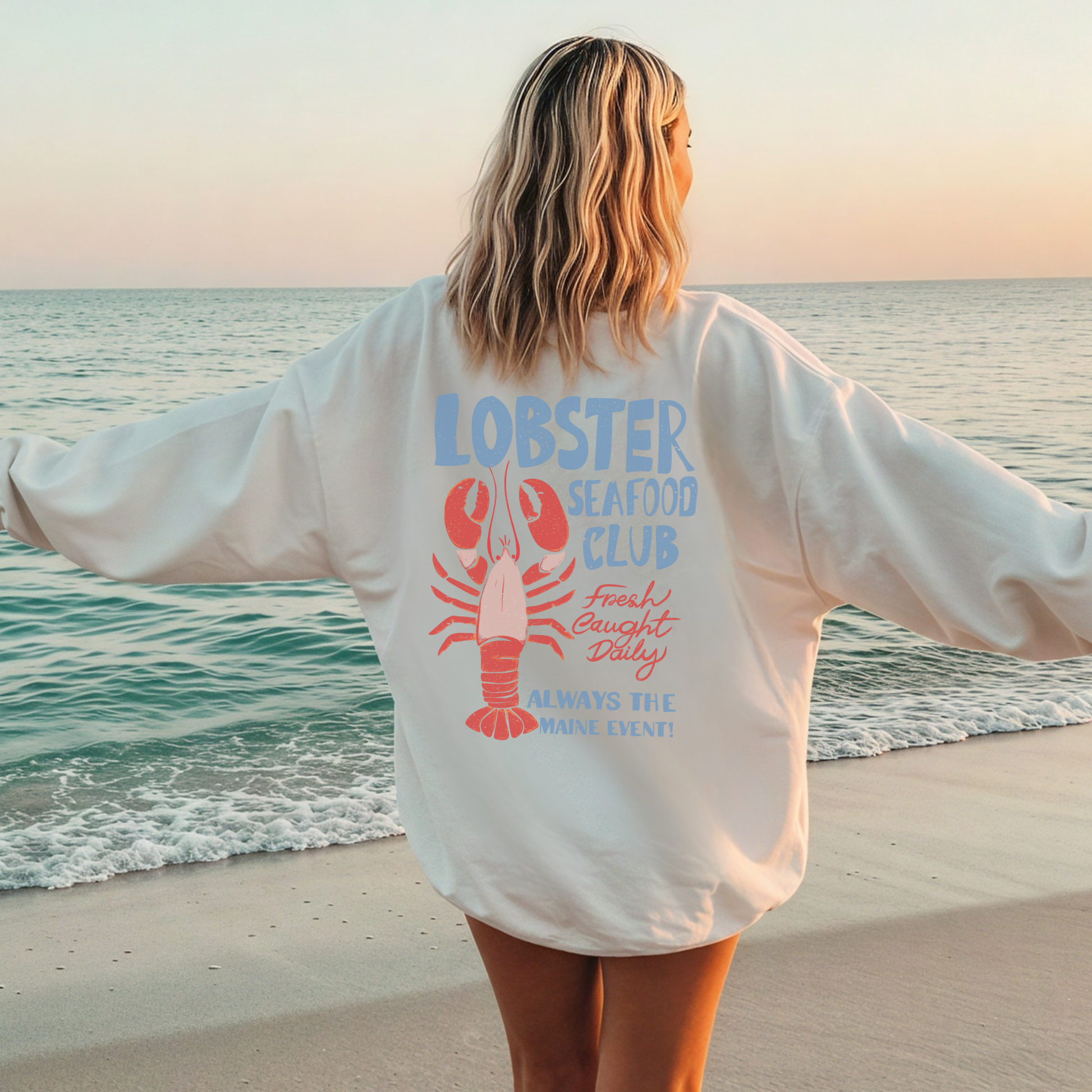 Back view of Maine lobster seafood club crewneck sweatshirt featuring large vintage lobster graphic