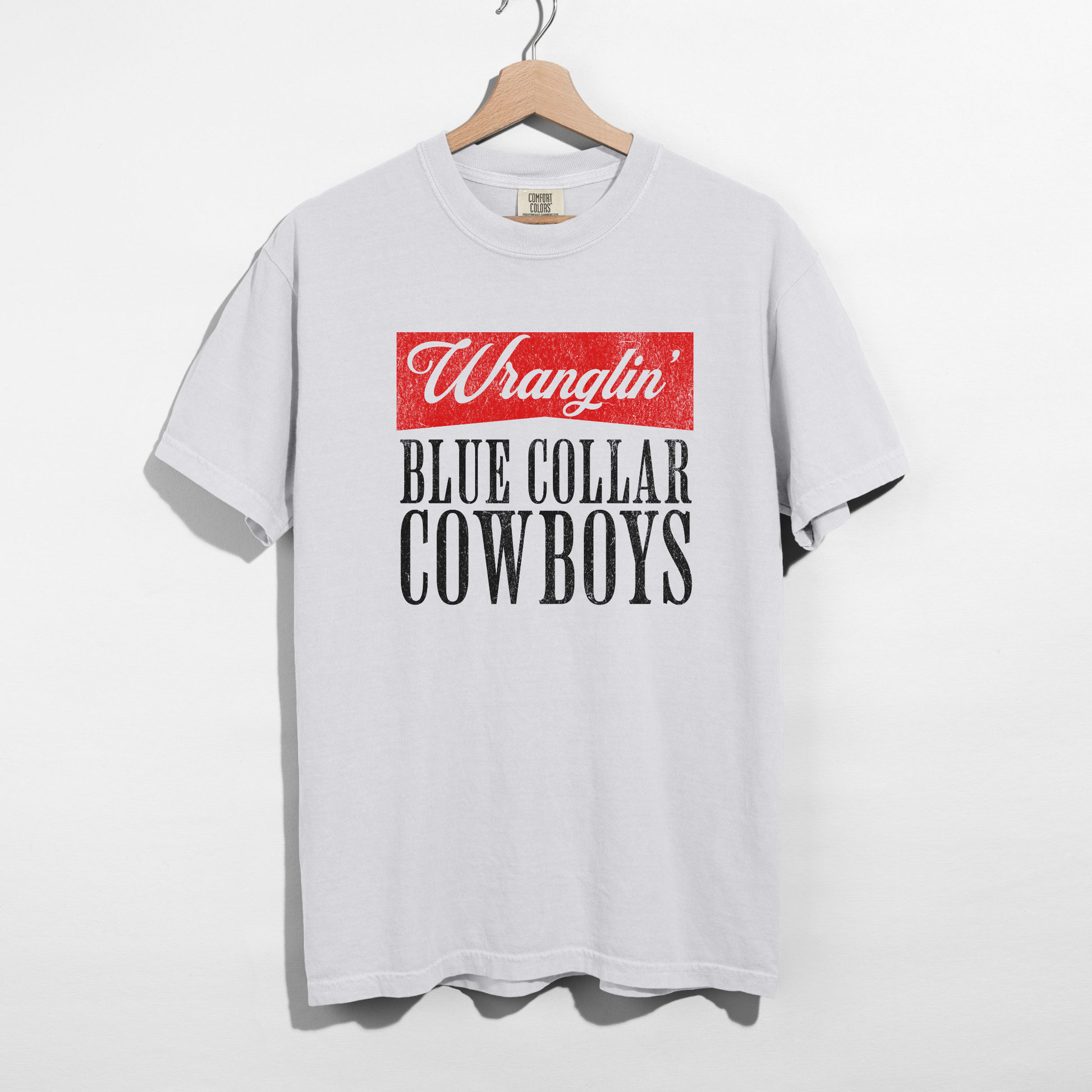 White western graphic t-shirt with red and black Wranglin’ Blue Collar Cowboys design