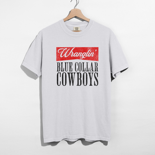 White western graphic t-shirt with red and black Wranglin’ Blue Collar Cowboys design