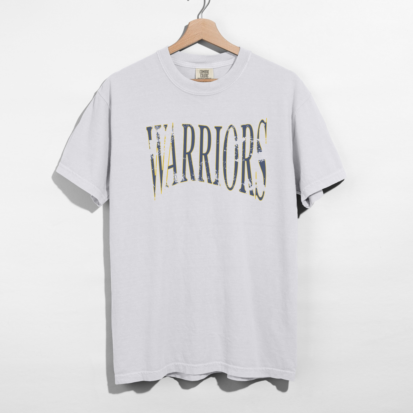 White Sterling Warriors distressed arch graphic unisex t shirt on hanger