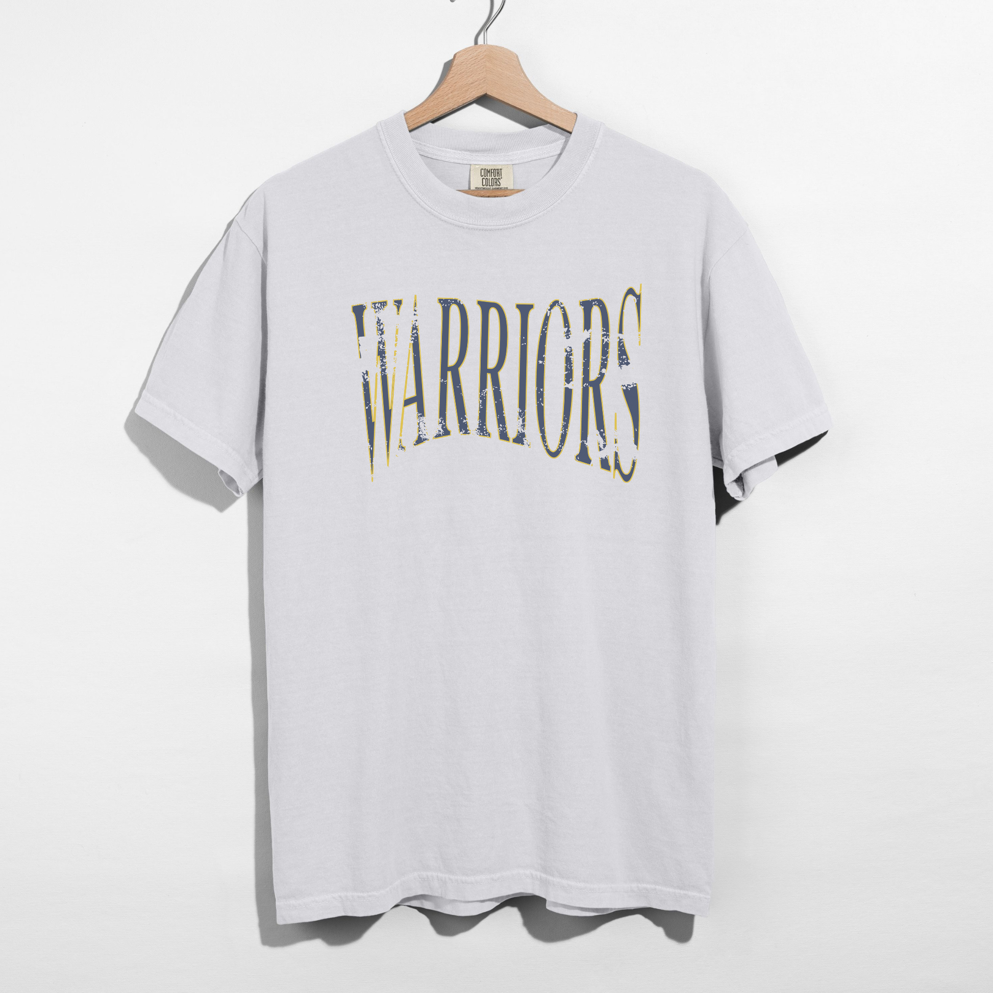 White Sterling Warriors distressed arch graphic unisex t shirt on hanger